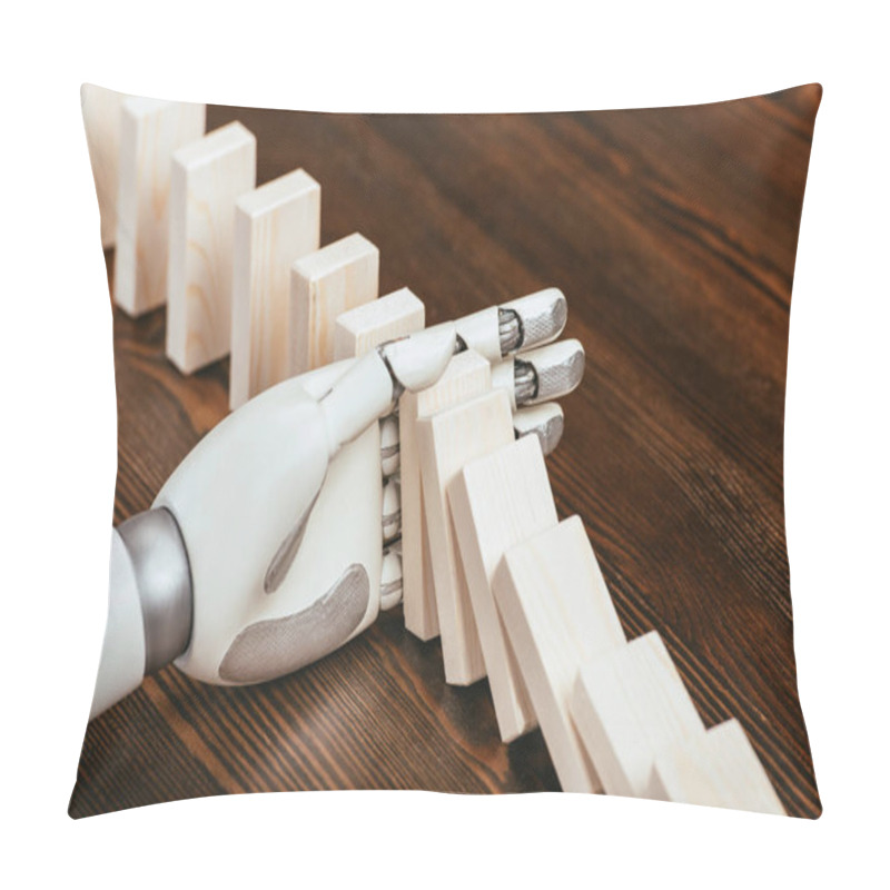 Personality  Selective Focus Of Robotic Hand Preventing Wooden Blocks From Falling On Desk Pillow Covers