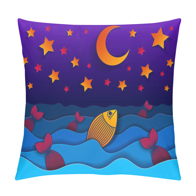 Personality  Beautiful Night Seascape With Funny Cartoon Fishes In Paper Cut Style, Curvy Lines Of Waves And Moon And Stars In The Sky, Perfect Modern Vector Illustration. Pillow Covers