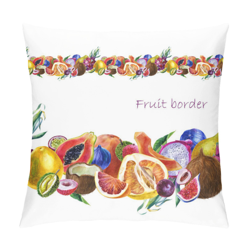 Personality  Watercolor Illustration. A Border Of Fruits. Tropical Fruits In A Strip. Papaya, Grapefruit, Coconut, Pitahaya, Figs Passion Fruit Pillow Covers