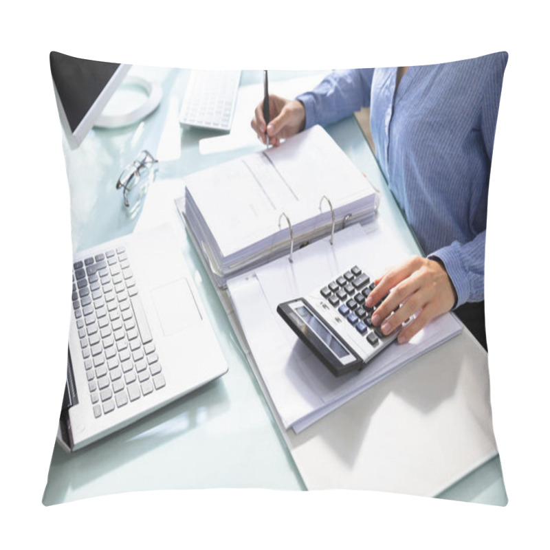 Personality  Businesswoman's Hand Calculating Bill With Calculator Over Desk In Office Pillow Covers