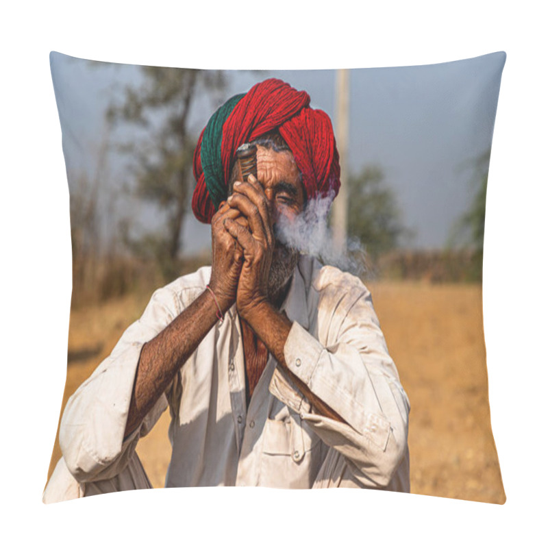 Personality  Portrait Of A Man With Red Traditional Turban Smoking Chilam At Pushkar Camel Festival. Pillow Covers