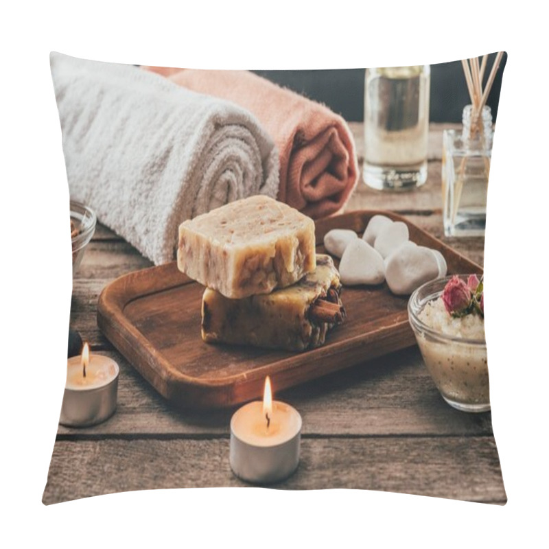 Personality  Towels, Homemade Soap, Spa Treatment And Candles On Wooden Tabletop Pillow Covers