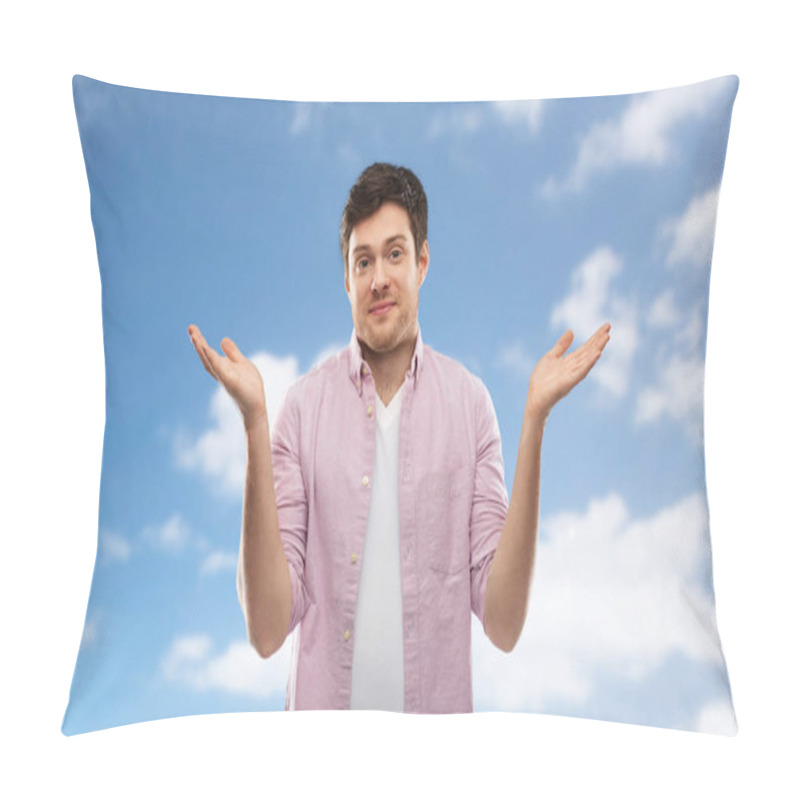 Personality  Young Man Shrugging Over Blue Sky Background Pillow Covers