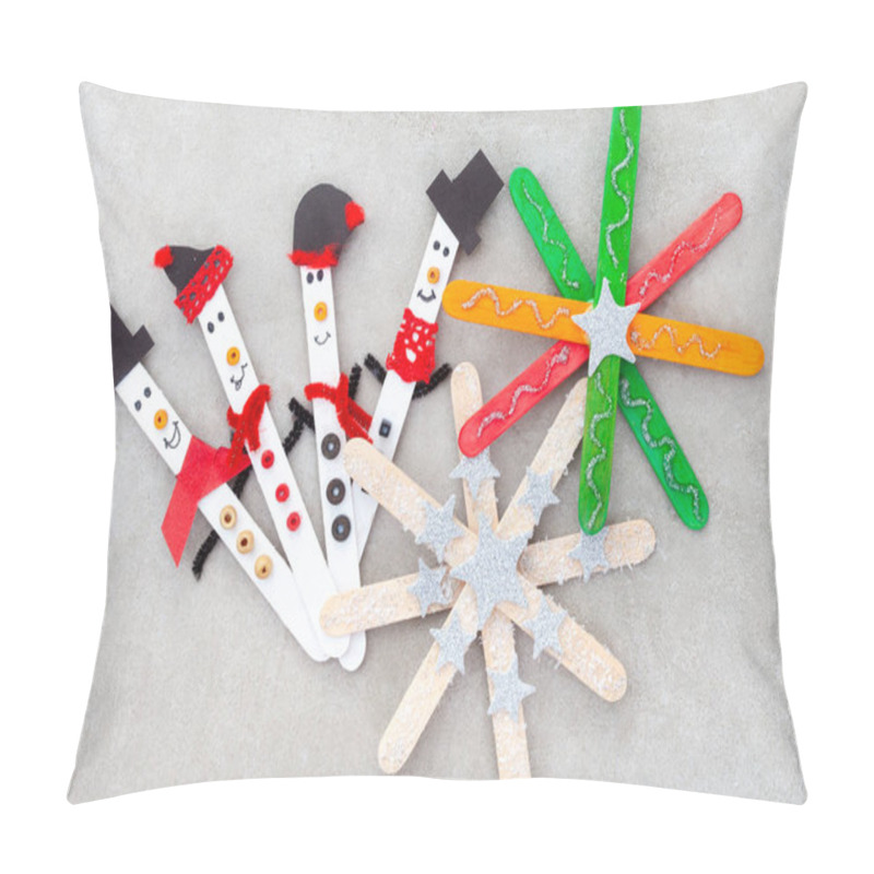 Personality   Christmas Crafts With Popsicle Sticks. Tiny Snowmen With Stars Ornaments Or Snowflakes Pillow Covers