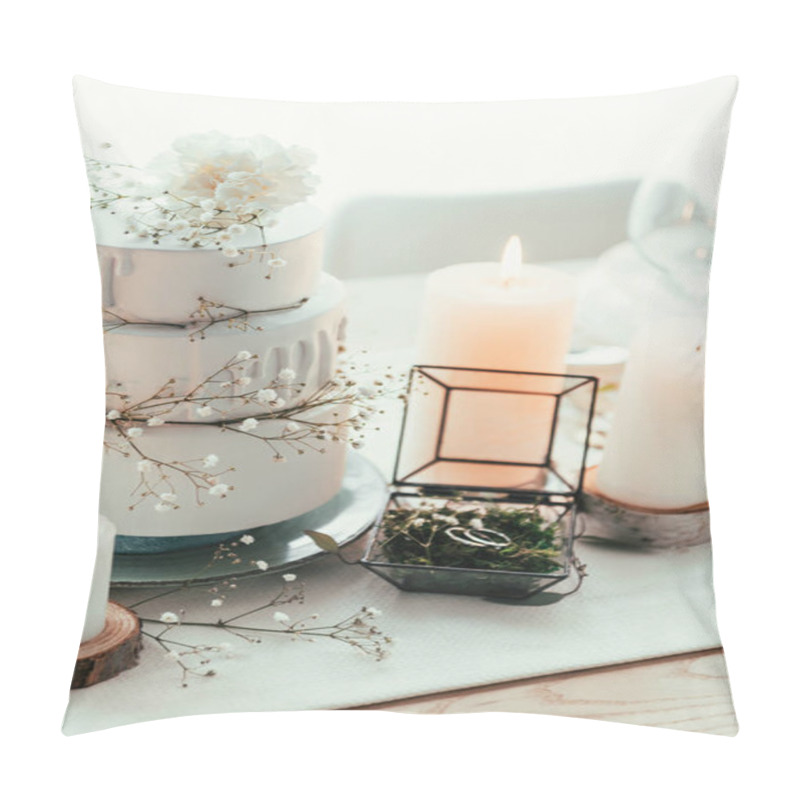 Personality  Close Up View Of Stylish Table Setting With Candles And Wedding Rings For Rustic Wedding Pillow Covers