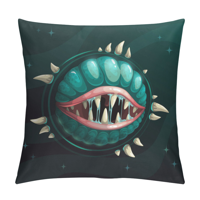 Personality  Cartoon Creepy Monster Planet With Spittle Mouth And Jaws On The Dark Space Background. Pillow Covers