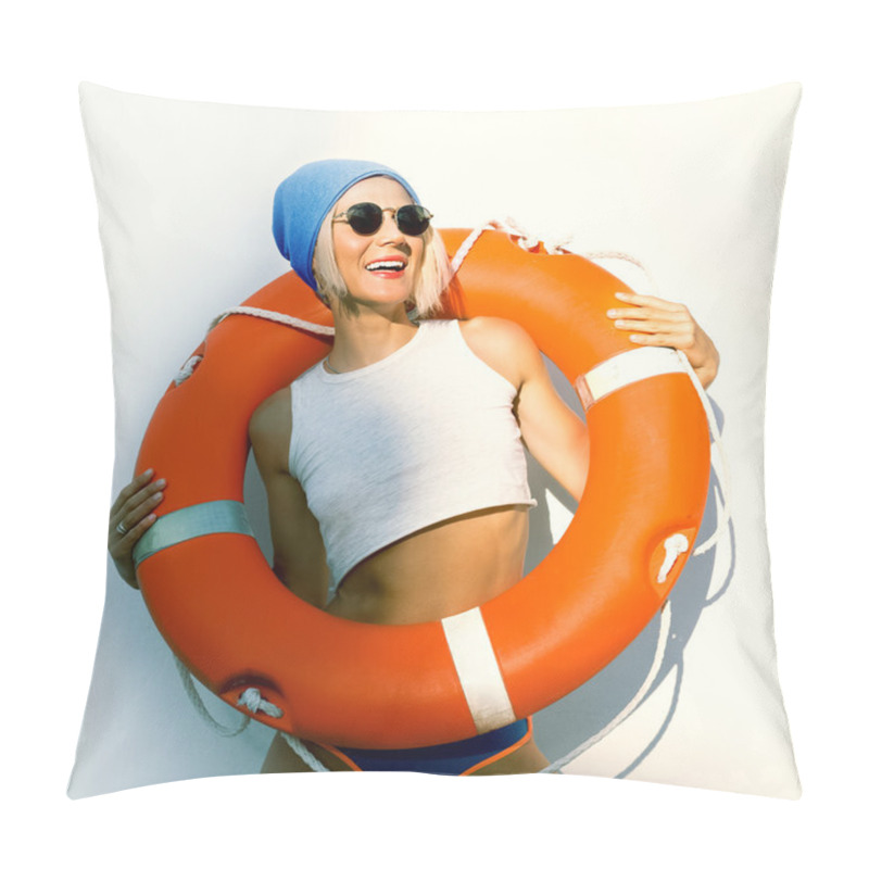 Personality  Happy Blonde With Lifebuoy. Fashion Marine Style Pillow Covers