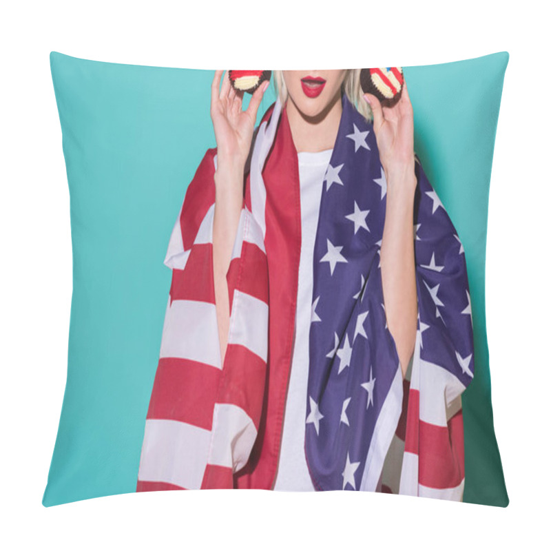 Personality  Partial View Of Woman With American Flag And Cupcakes On Blue Backdrop, Celebrating 4th July Concept Pillow Covers