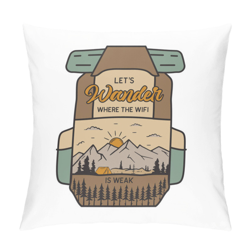 Personality  Vintage Camping Adventure Badge Illustration Design. Outdoor Logo Emblem With Mountains Scene Inside The Backpack And Text - Lets Wander. Unusual Linear Hipster Style Patch. Stock Vector Pillow Covers