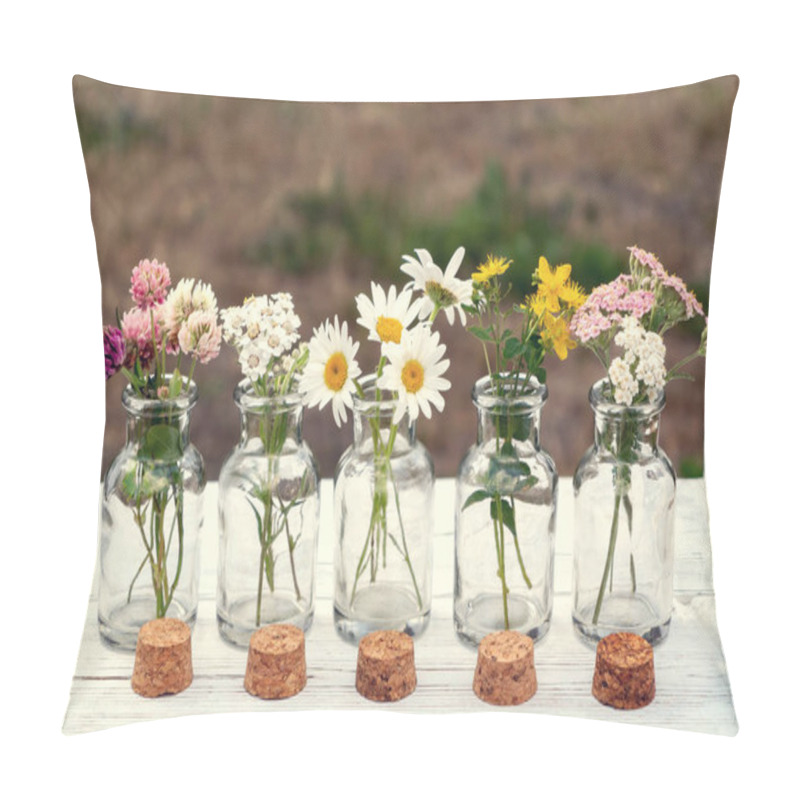 Personality  Several Small Glass Bottles With Bouquets Of Medicinal Plants - Homeopathy Or Herbal Medicine Concept Pillow Covers