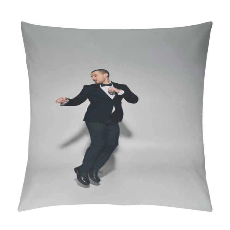 Personality  Man In Tuxedo, Bow Tie, Dress Shoes, Leaping With Playful Confidence. Pillow Covers