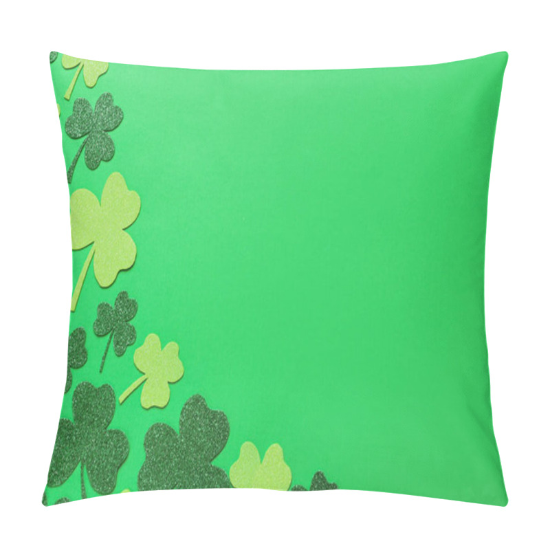 Personality  Decorative Clover Leaves On Green Background, Flat Lay With Space For Text. St. Patrick's Day Celebration Pillow Covers