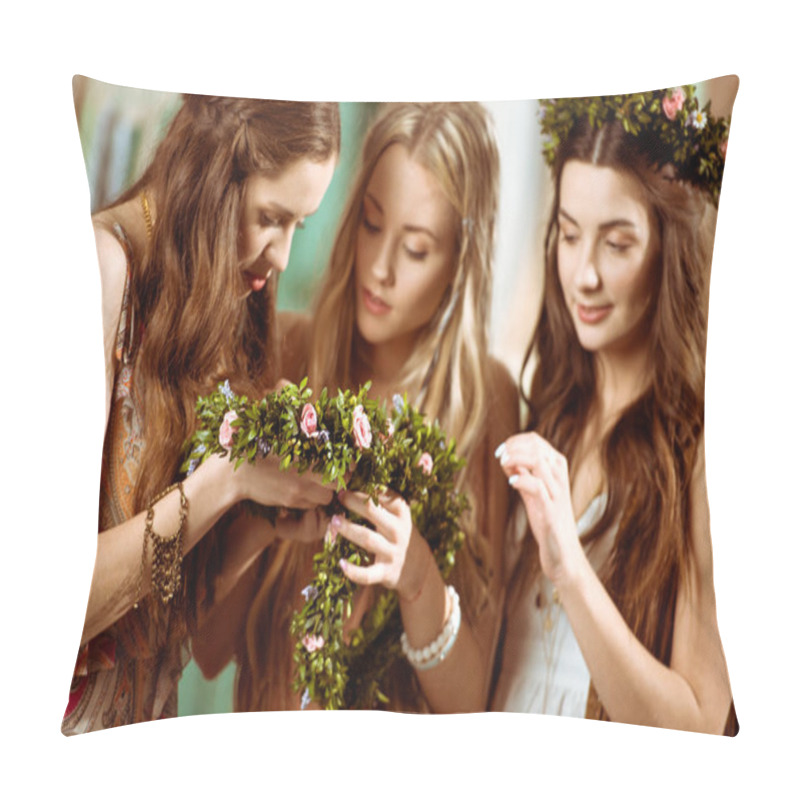 Personality  Bohemian Women Holding Floral Wreaths Pillow Covers