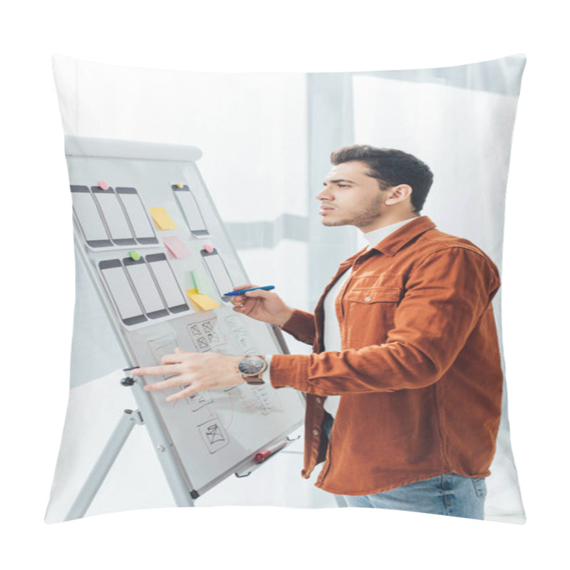 Personality  Side View Of Designer With Marker Planning Project Of Ux Design On Whiteboard In Office  Pillow Covers