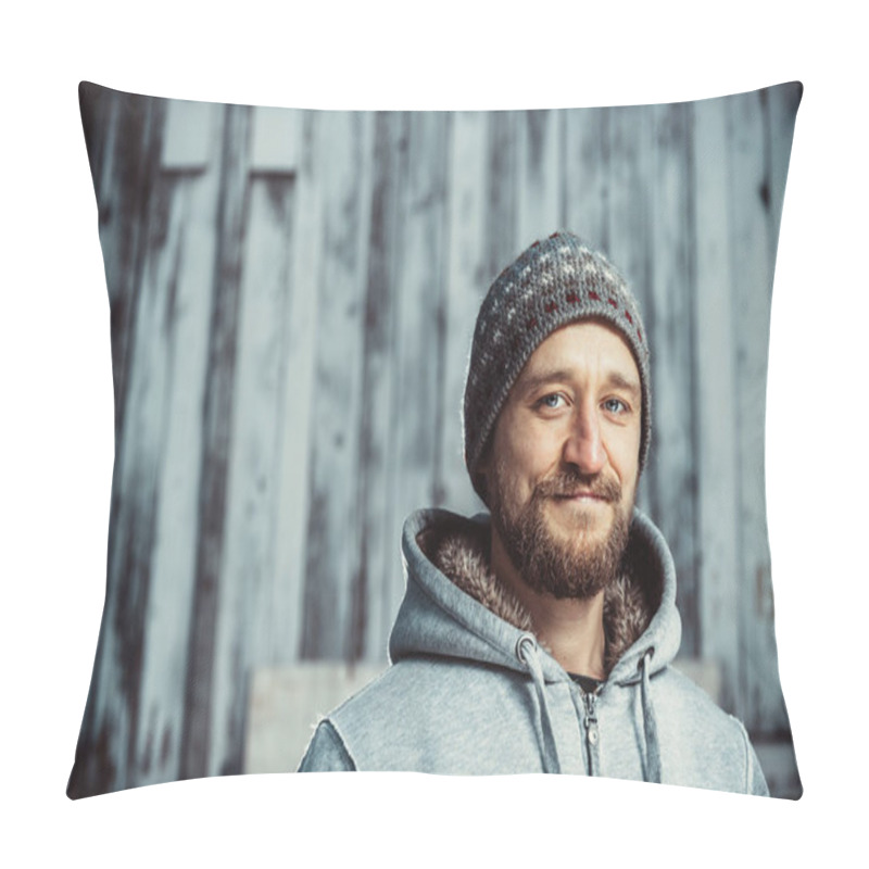 Personality  Young Man With A Beard And Mustache Outdoor Portrait Pillow Covers