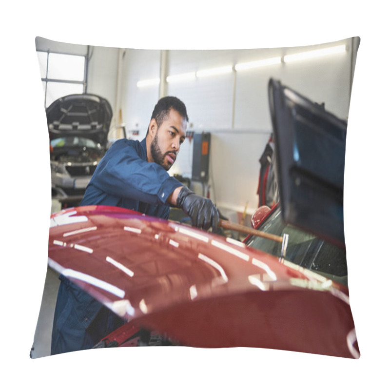 Personality  Handsome Young Mechanic Focused On Fixing A Red Car In A Bright Garage Environment Pillow Covers