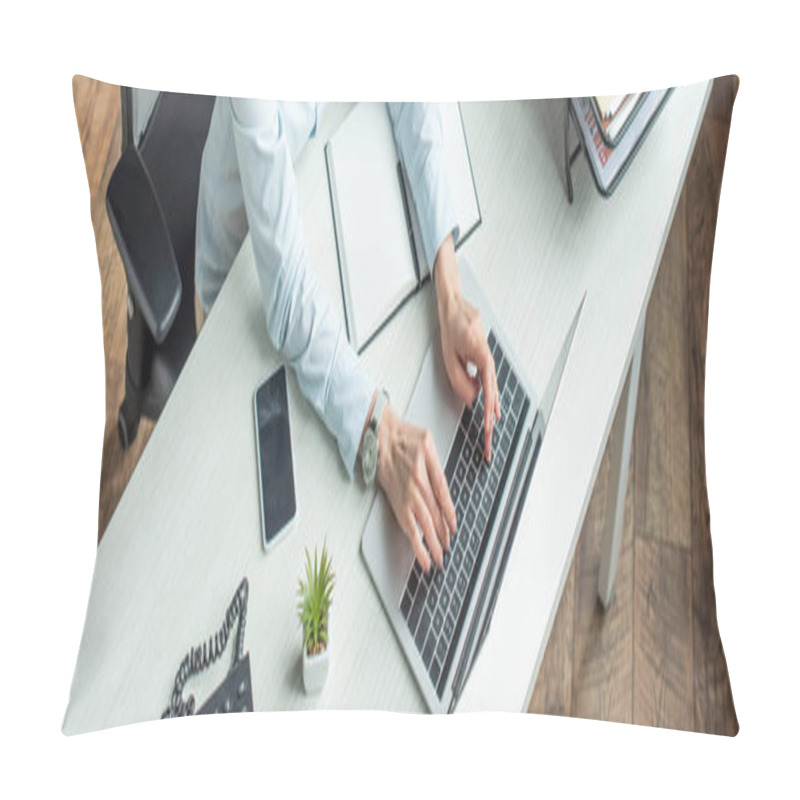 Personality  Cropped View Of Businesswoman Typing On Laptop, While Sitting At Workplace, Banner Pillow Covers