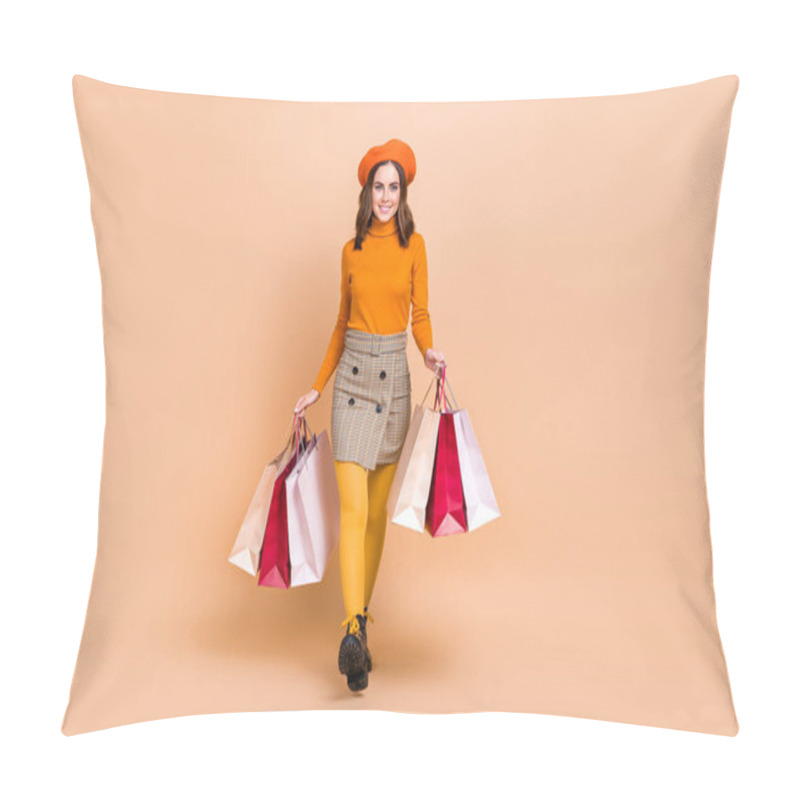 Personality  Full Length Photo Of Positive Cute Lady Dressed Orange Trendy Clothes Hold Carry Packs Satisfied Prices Isolated On Beige Color Background. Pillow Covers