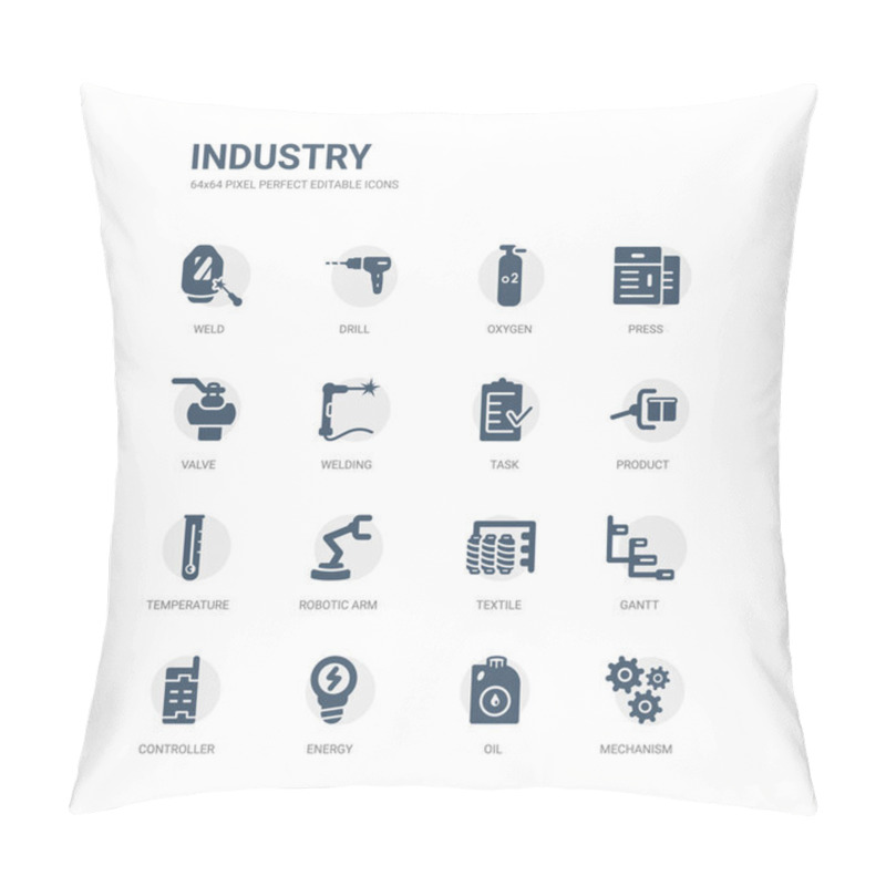 Personality  Simple Set Of Icons Such As Mechanism, Oil, Energy, Controller, Gantt, Textile, Robotic Arm, Temperature, Product, Task. Related Industry Icons Collection. Editable 64x64 Pixel Perfect. Pillow Covers