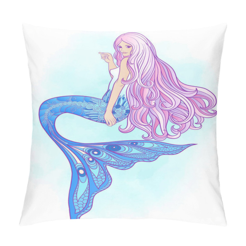 Personality  Hand Drew Mermaid With Long Pink Hair. Stock Vector Illustration Pillow Covers