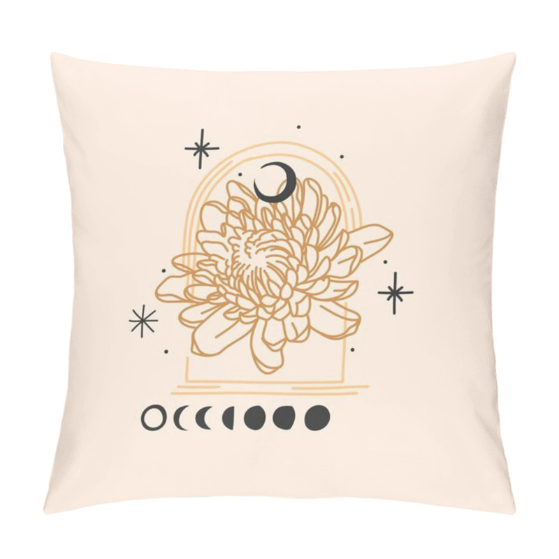 Personality  Hand Drawn Vector Abstract Stock Flat Graphic Illustration With Logo Elements, Magic Line Art Of Peony Flower,crescent,moon Phase And Stars In Simple Style For Branding ,isolated On Color Background Pillow Covers