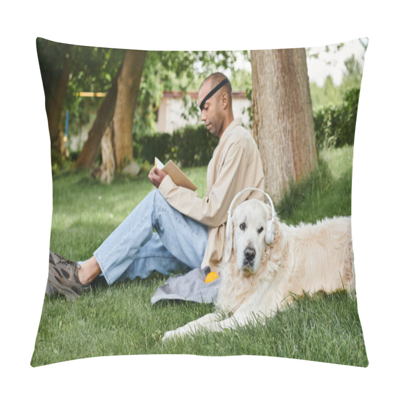 Personality  An African American Man With A Disability Sits In The Grass With His Labrador Dog, Embodying Diversity And Inclusion. Pillow Covers