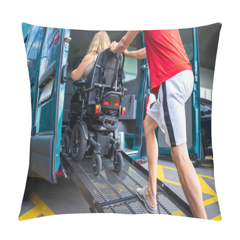 Personality  Disabled Person On Wheelchair Using Van Ramp Pillow Covers