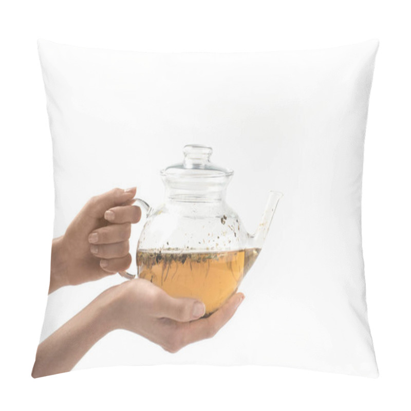 Personality  Glass Teapot With Herbal Tea In Hands Pillow Covers