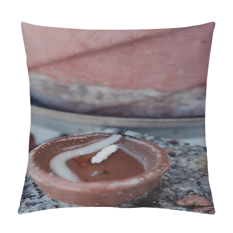 Personality  Experience The Serene Tradition Of Preparing Clay Pot Lamps With Cotton Wicks Dipped In Oil For Festival Prayers In Uttarakhand, India. Pillow Covers