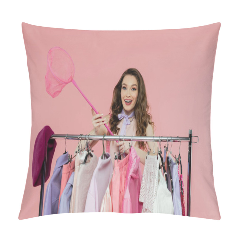 Personality  Consumerism, Fashion Photography, Cheerful And Young Woman Holding Net On Pink Background, Standing Near Rack With Clothes, Wardrobe Selection, Fashion And Trends  Pillow Covers