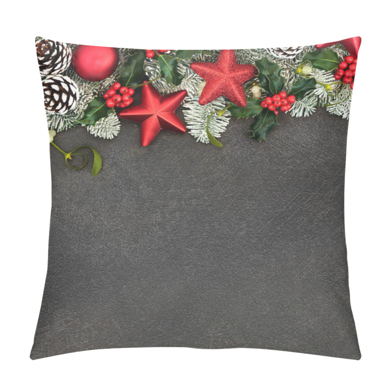 Personality  Festive Christmas Background Border With Red Star Bauble Decorations, Snow Covered Fir, Holly & Winter Flora. Composition For The Xmas & New Year Holiday Season. Pillow Covers