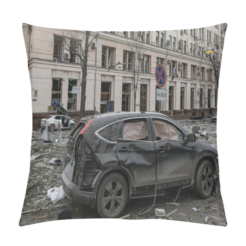 Personality  UKRAINE, KHARKIV, 01 MARCH 2022: View Of The Ruined City Center Of Kharkiv. Russia's Invasion Of Ukraine. Pillow Covers