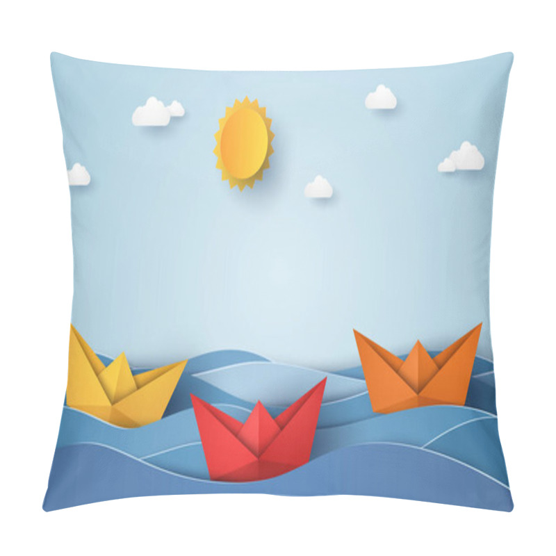 Personality  Origami Boat Sailing In Blue Ocean , Paper Art Style Pillow Covers