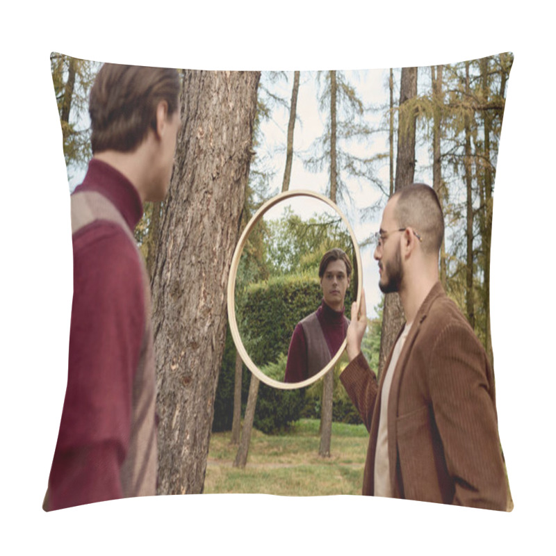 Personality  Two Dapper Men Enjoy The Crisp Autumn Air While Admiring Their Reflections In A Circular Mirror. Pillow Covers