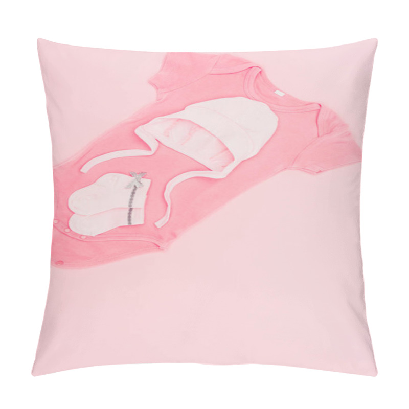 Personality  Top View Of Baby Bodysuit And Hat With Socks Isolated On Pink Pillow Covers