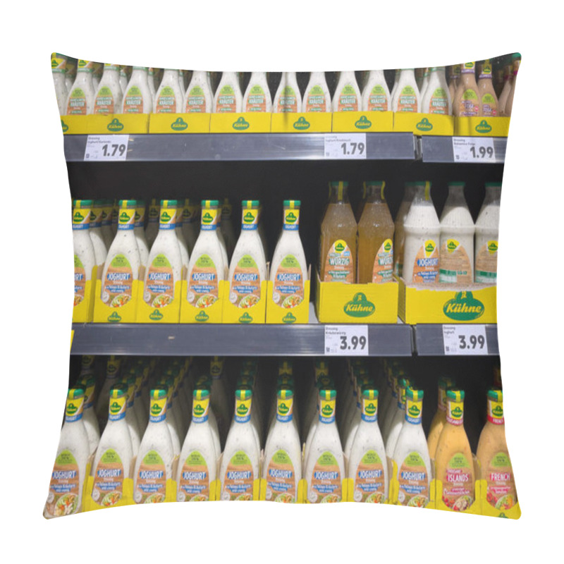 Personality  Shelf With Salad Dressings. The Shelf Is Full Of Bottles With Different Types Of Seasonings. Pillow Covers