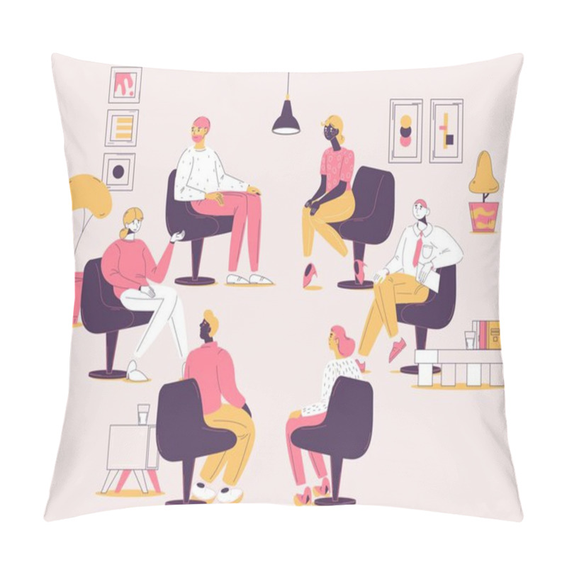 Personality  Group Therapy Session. Concept Illustration With Various People Sitting In Psychotherapy Circle And One Therapists Working With Several Patients. Pillow Covers