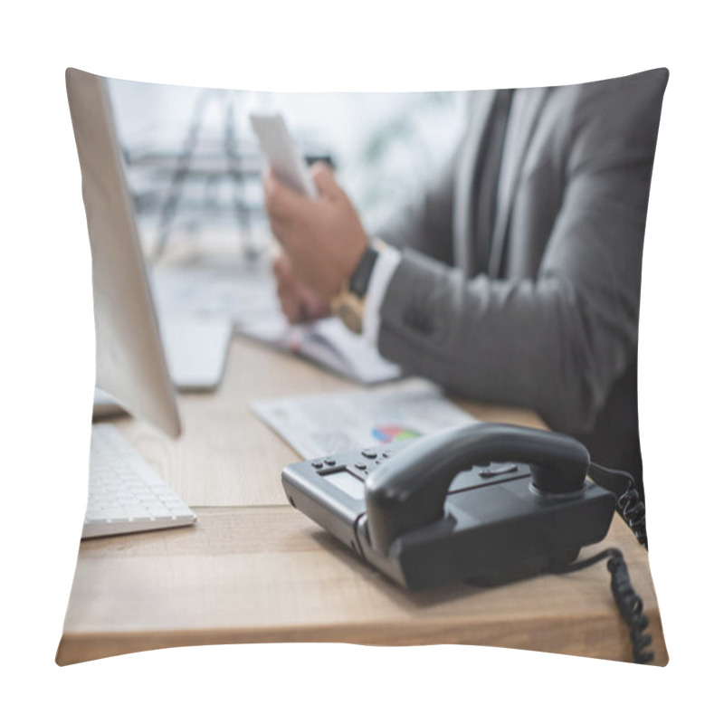 Personality  Selective Focus Of Landline Phone Near Trader Holding Smartphone On Blurred Background Pillow Covers