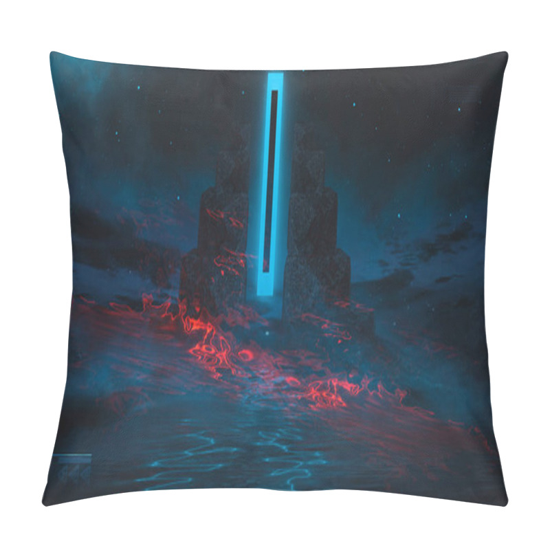 Personality  Futuristic Fantasy Night Landscape With Abstract Landscape And Island, Moonlight, Radiance, Moon, Neon. Dark Natural Scene With Light Reflection In Water. Neon Space Galaxy Portal. 3D Illustration.  Pillow Covers