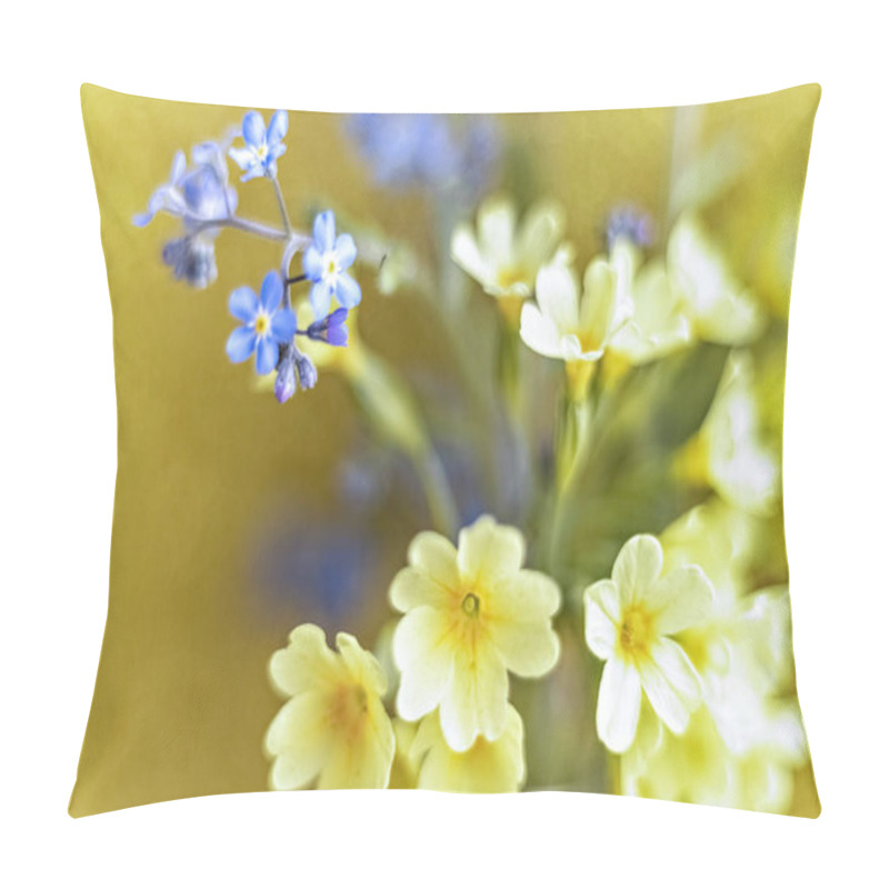 Personality  Spring Flowers Forget Me Nots And Primroses Close Up On A Golden Background. Pillow Covers