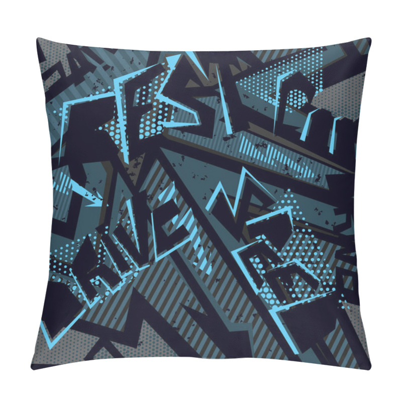 Personality  Abstract Seamless Pattern With Letter. Grunge Urban Black And Blue Background With Words Drive, Speed, Best. Spray Paint, Dots And Shape Elements Pillow Covers