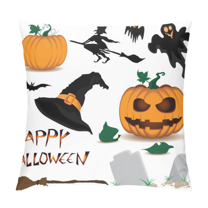 Personality  Happy Halloween And Pumpkin, Witch, Spooky, Bats, Objects Isolated On White Background. Pillow Covers