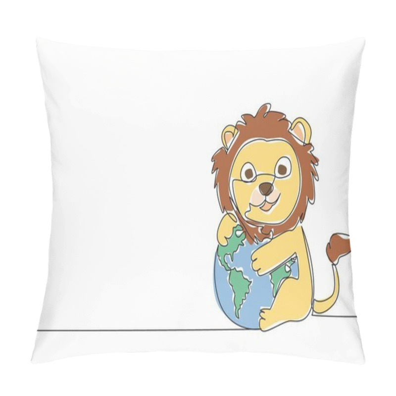 Personality  Single One Line Drawing Cute Lion Hugging Globe. Stop Destroying Nature. For Sake Of Sustainability Of The Food Chain. Avoid Extinction World Wildlife Day. Continuous Line Design Graphic Illustration Pillow Covers