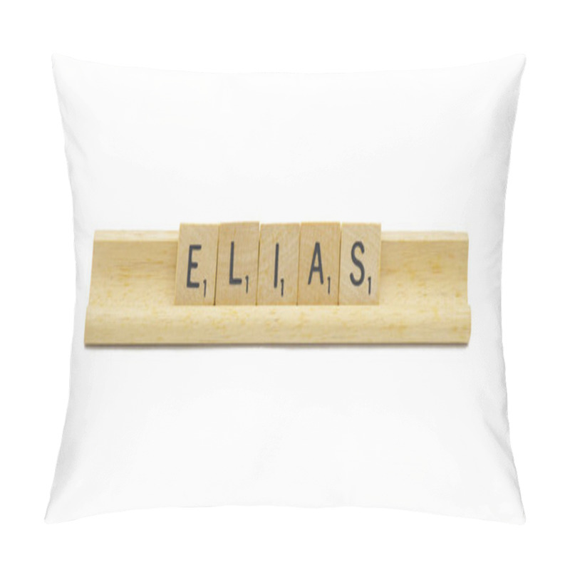 Personality  Miami, FL 4-18-24 Popular Baby Boy First Name Of ELIAS Made With Square Wooden Tile English Alphabet Letters With Natural Color And Grain On A Wood Rack Holder Isolated On White Background Pillow Covers