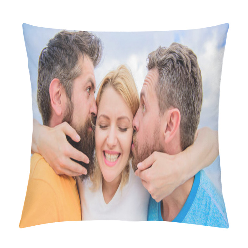 Personality  Lady Enjoy Romantic Relations Both Admirers. Men Fall In Love With Same Woman. She Likes Male Attention. Love Triangle. Girl Hugs With Two Guys. Romantic Relations Issues. Men Kiss Same Girl Cheeks Pillow Covers