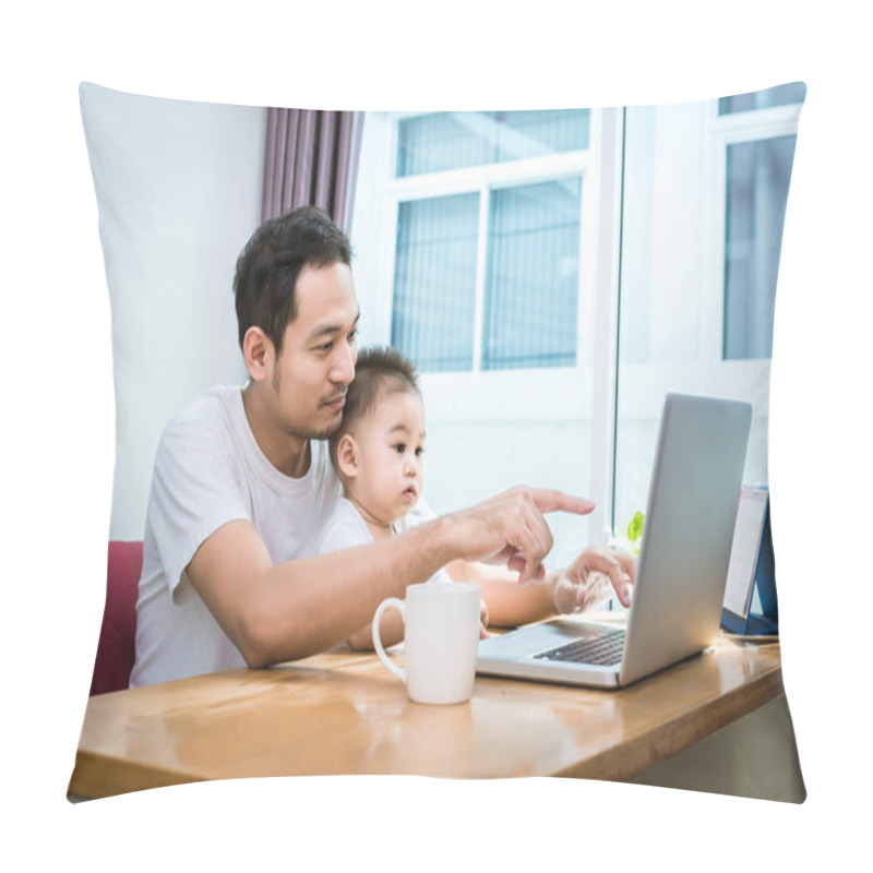 Personality  Single Dad And Son Using Laptop Together Happily. Technology And Lifestyles Concept. Happy Familly And Baby Theme. Pillow Covers