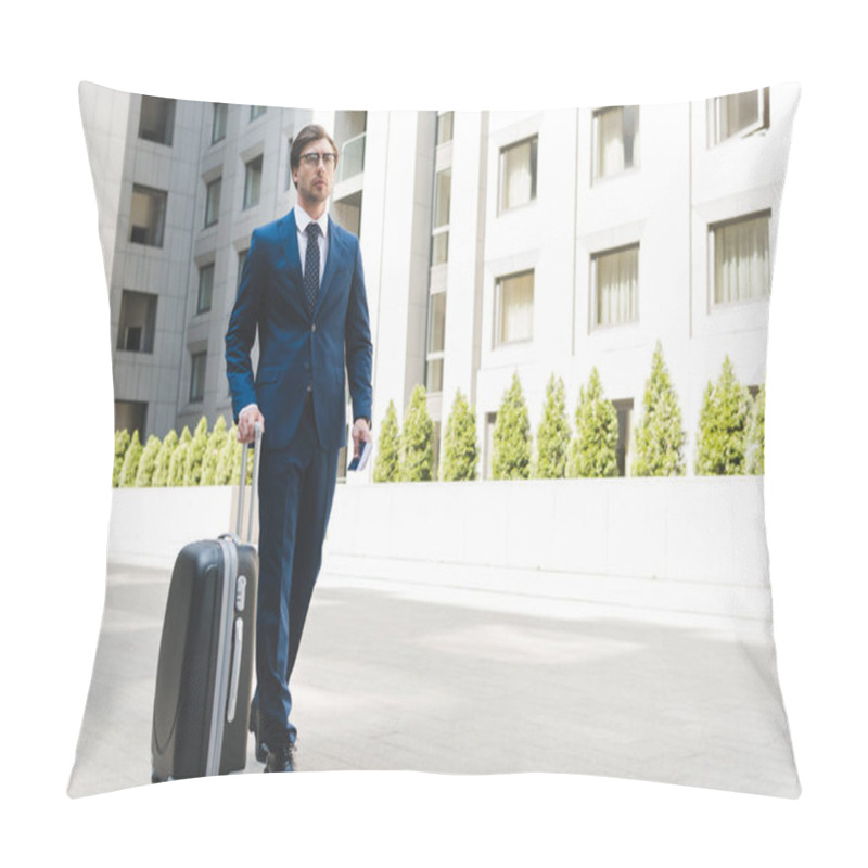 Personality  Attractive Young Businessman In Stylish Suit With Luggage Walking By Business District Pillow Covers