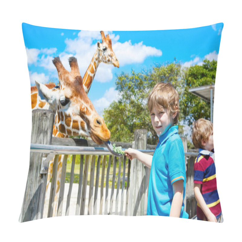 Personality  Two Little Kids Boys And Father Watching And Feeding Giraffe In Pillow Covers