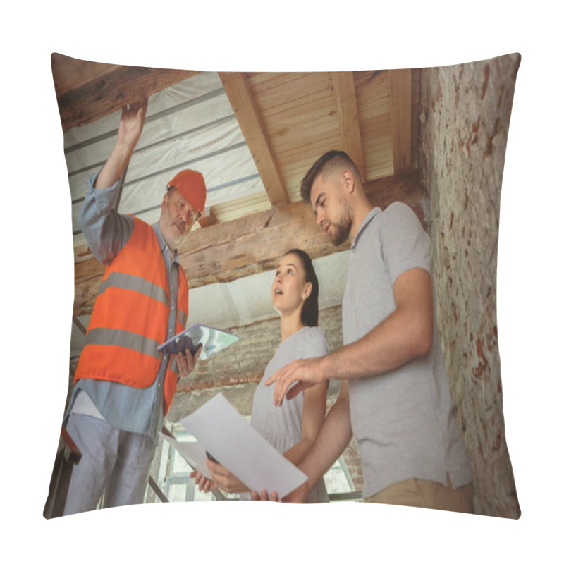 Personality  Foreman Or Achitect Shows House, Office Or Store Design Plans To A Young Couple Pillow Covers