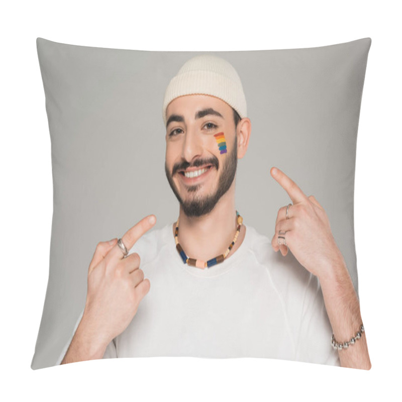 Personality  Smiling Homosexual Man In Hat Pointing At Lgbt Flag On Cheek Isolated On Grey   Pillow Covers